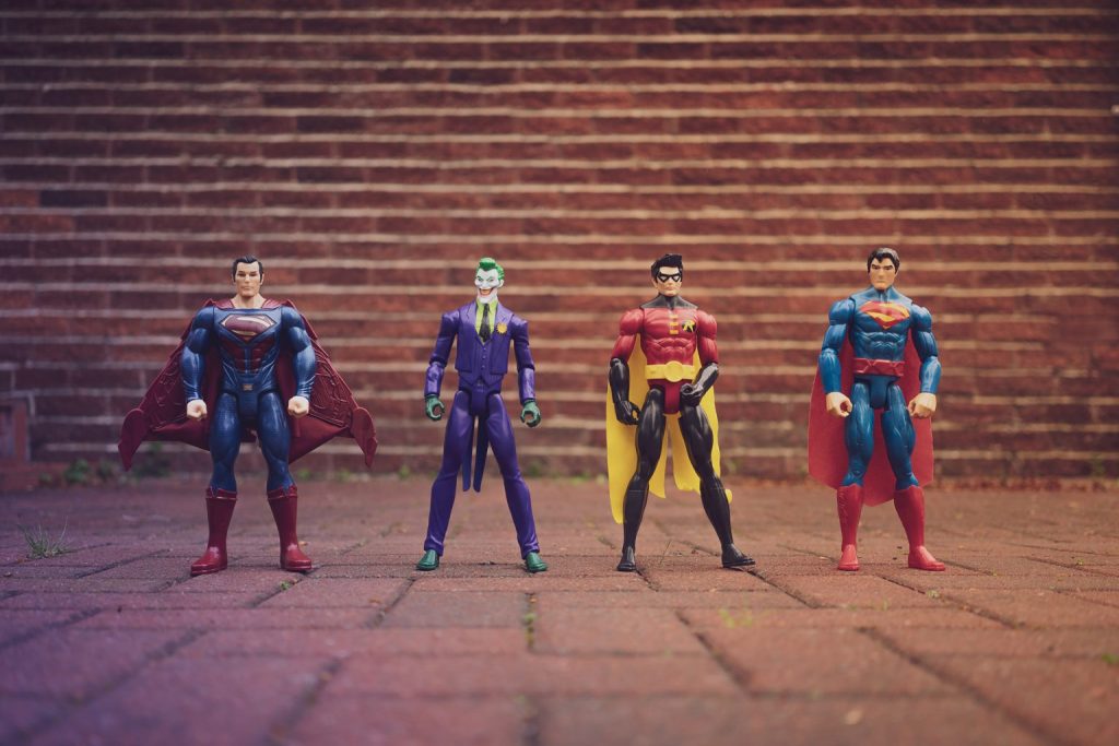 Superhero models lined up in a row