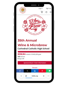 The Wine and Microbrew's silent auction, built in Trellis and optimized for mobile so guests could browse and bid from their phones. The built-in stock photo library handled imagery for the lots, a perk Erin hadn't thought to want until she was loading items the week before the gala.